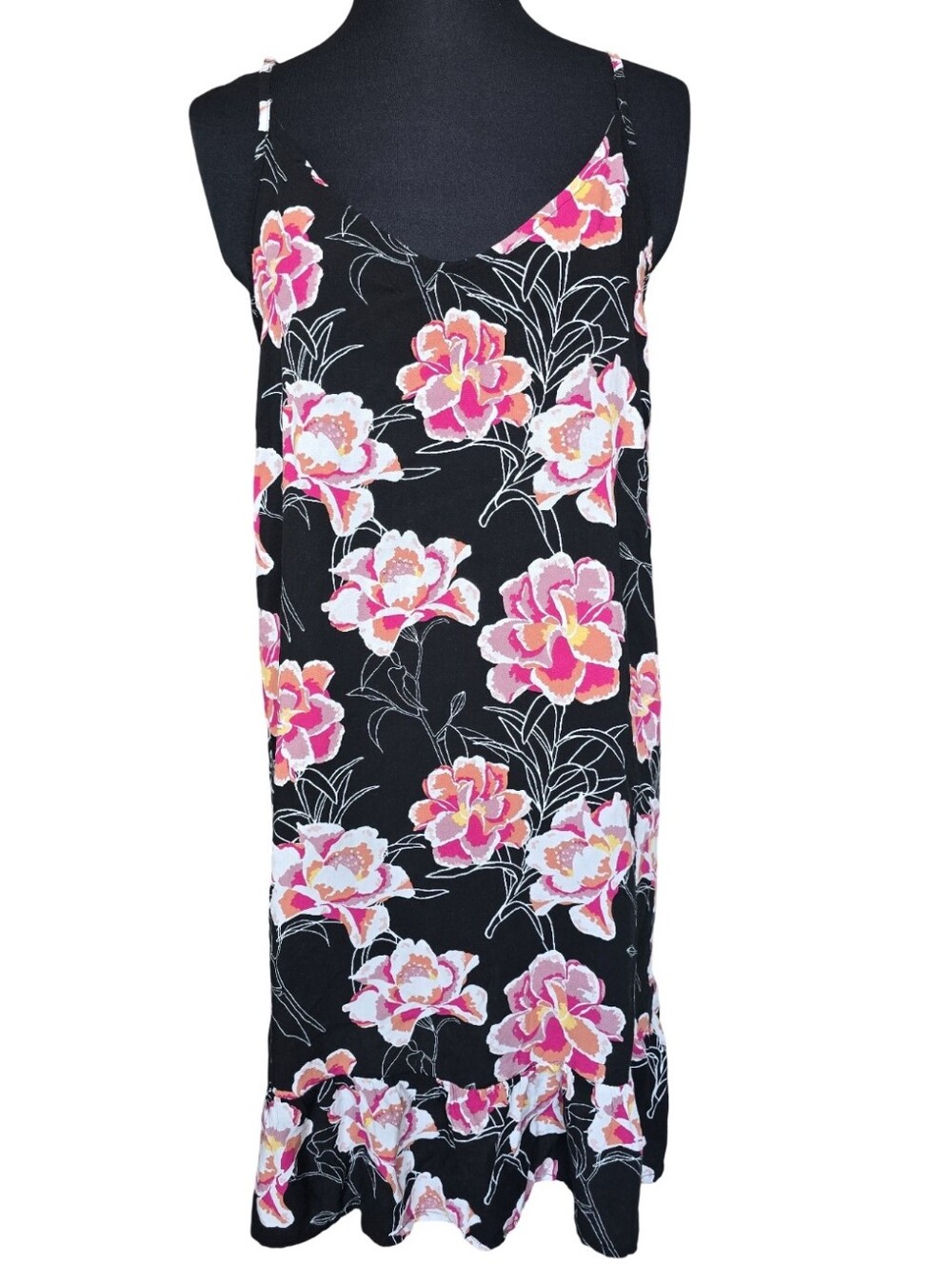 Roxy Black Floral Slip Dress with Pink & White Blooms Sz S Casual Party Concert